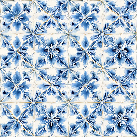blue, white, cream, handpainted, tiles, floral motifs, decorative flowers, mediterranean style, ceramic inspired, geometric arrangement, ornate design, quilting cotton, fabric panel, portuguese tiles, azulejo style, repeating pattern, artistic brushwork, delicate petals, vintage inspired, crafting material