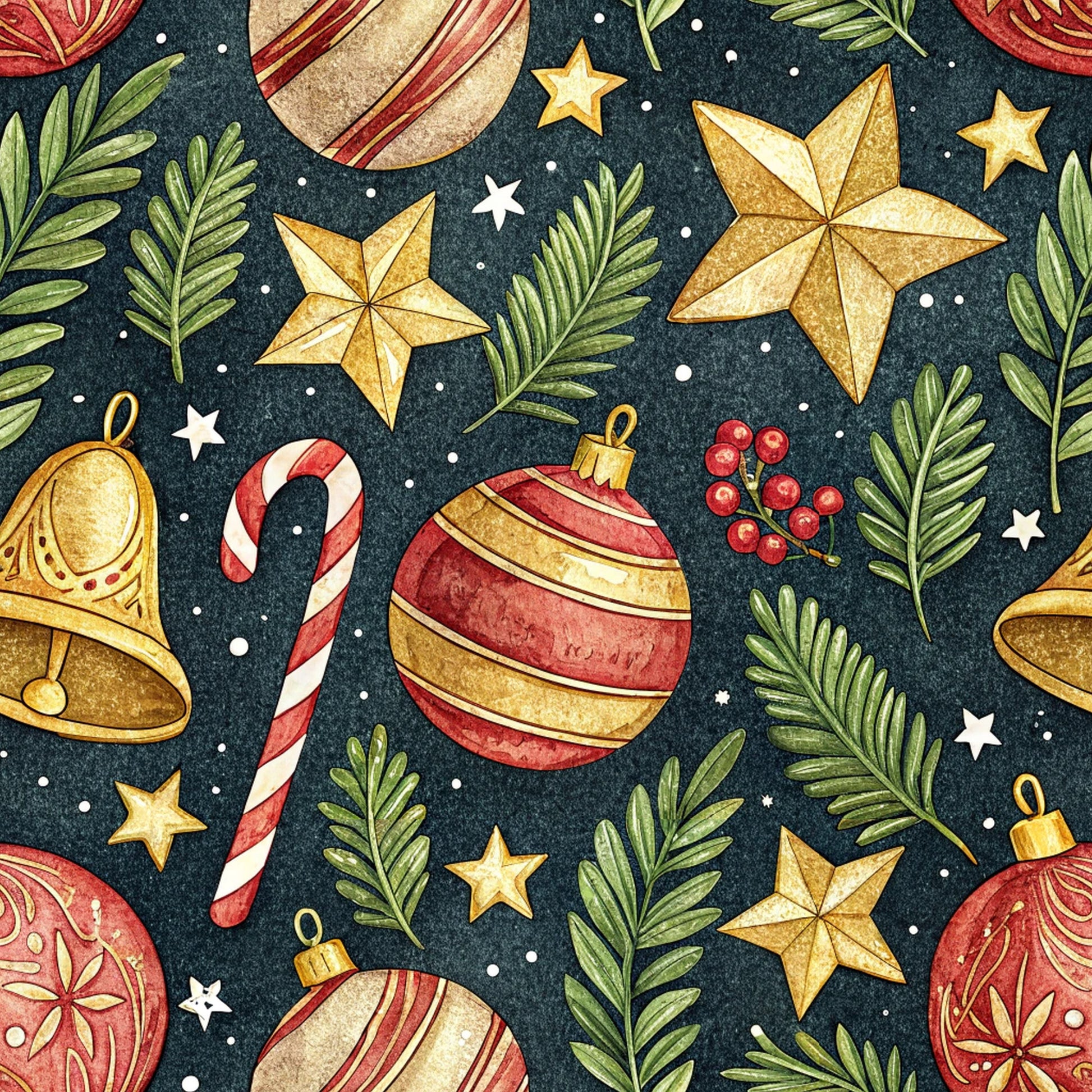christmas ornaments, gold stars, candy canes, evergreen branches, red berries, navy blue background, gold accents, red and white stripes, quilting cotton, fabric panel, holiday pattern, winter theme, festive design, watercolor style, christmas bells, seamless repeat, decorative baubles, white dots, botanical elements, seasonal motifs