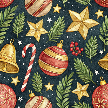 christmas ornaments, gold stars, candy canes, evergreen branches, red berries, navy blue background, gold accents, red and white stripes, quilting cotton, fabric panel, holiday pattern, winter theme, festive design, watercolor style, christmas bells, seamless repeat, decorative baubles, white dots, botanical elements, seasonal motifs