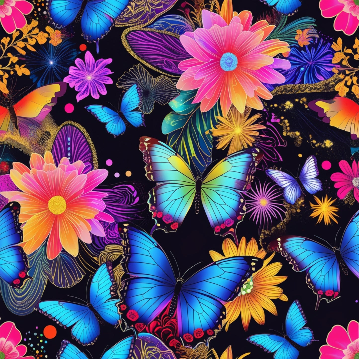butterflies, tropical flowers, blue morpho, vibrant colors, pink blossoms, orange petals, purple wings, turquoise accents, black background, fantasy art, nature motifs, quilting cotton, fabric panel, floral elements, iridescent wings, bright patterns, colorful design, botanical print, spring theme, whimsical style