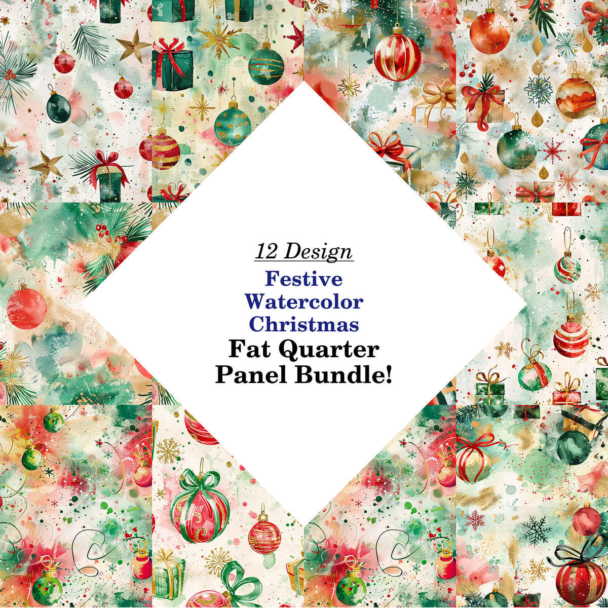 Festive Watercolor Christmas Fat Quarter Bundle