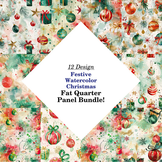 Festive Watercolor Christmas Fat Quarter Bundle