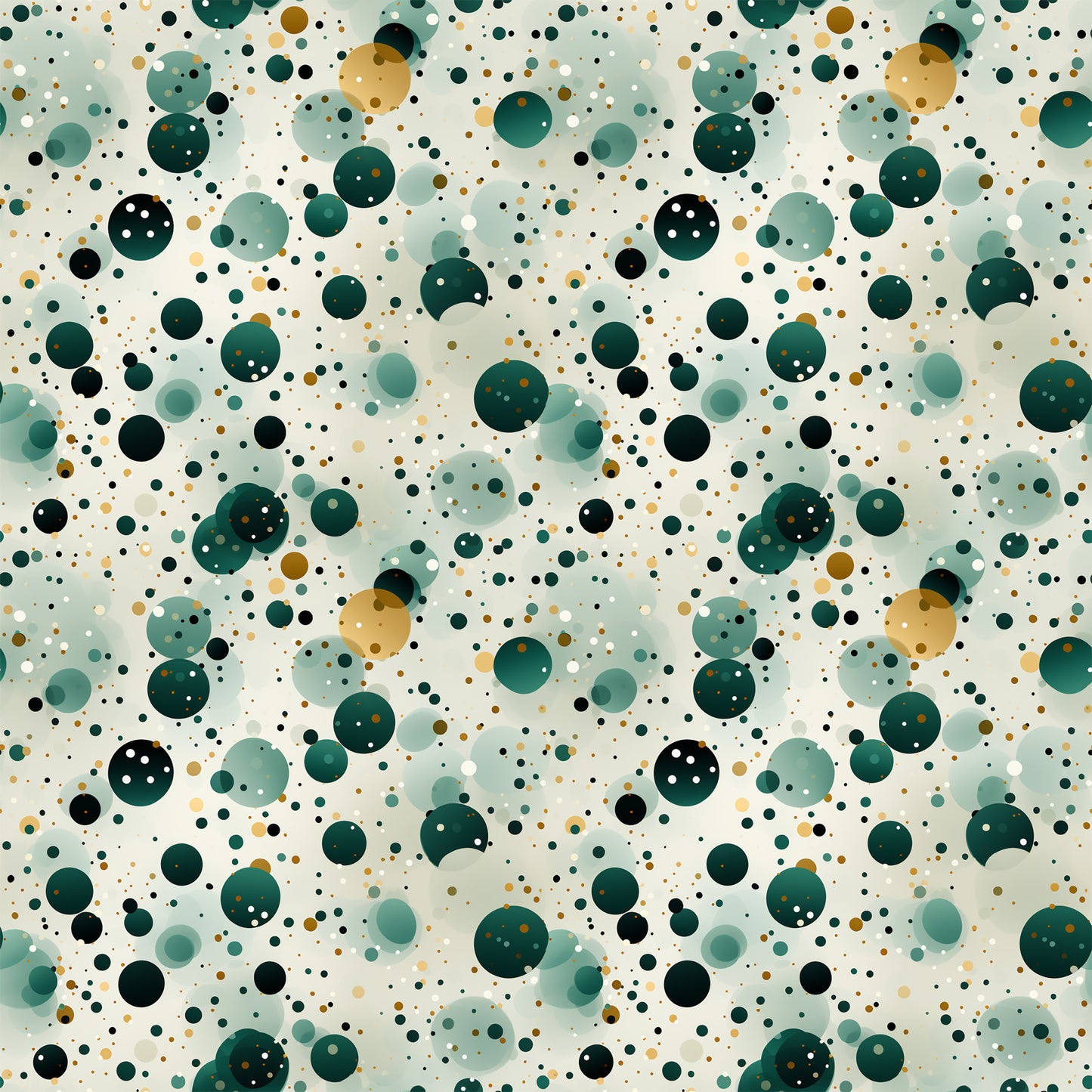 green, teal, sage green, forest green, gold, cream, white, black, confetti pattern, polka dots, circles, scattered dots, geometric design, abstract pattern, modern style, playful mood, quilting cotton, fabric panel, contemporary design, festive pattern, celebration theme