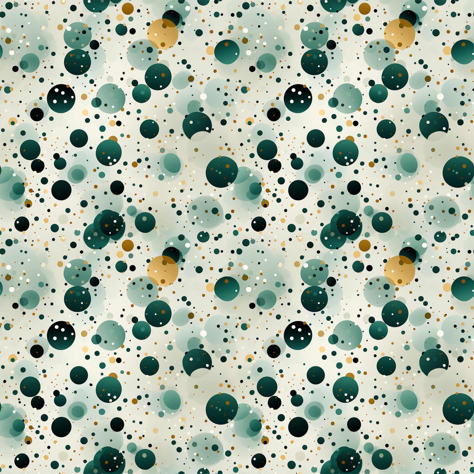 green, teal, sage green, forest green, gold, cream, white, black, confetti pattern, polka dots, circles, scattered dots, geometric design, abstract pattern, modern style, playful mood, quilting cotton, fabric panel, contemporary design, festive pattern, celebration theme