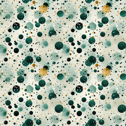 green, teal, sage green, forest green, gold, cream, white, black, confetti pattern, polka dots, circles, scattered dots, geometric design, abstract pattern, modern style, playful mood, quilting cotton, fabric panel, contemporary design, festive pattern, celebration theme