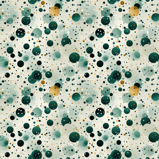 green, teal, sage green, forest green, gold, cream, white, black, confetti pattern, polka dots, circles, scattered dots, geometric design, abstract pattern, modern style, playful mood, quilting cotton, fabric panel, contemporary design, festive pattern, celebration theme