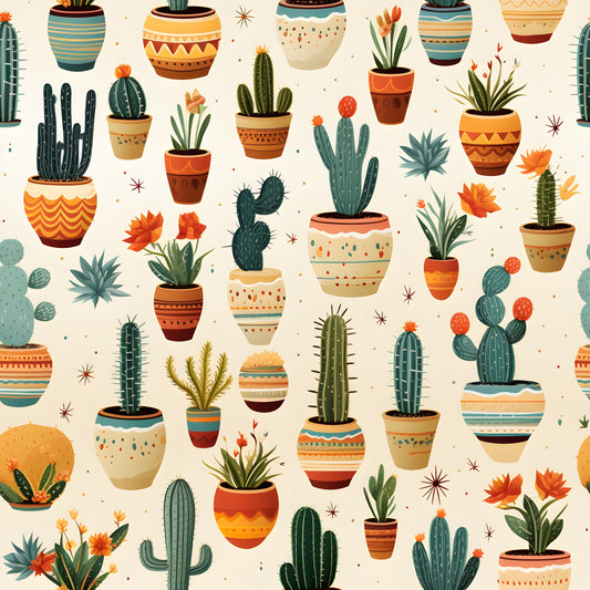 teal, orange, coral, cream, beige, terracotta, cactus, succulents, potted plants, geometric pots, tribal patterns, southwestern, desert theme, retro style, vintage illustrations, botanical, quilting cotton, fabric panel, boho design, mid-century modern
