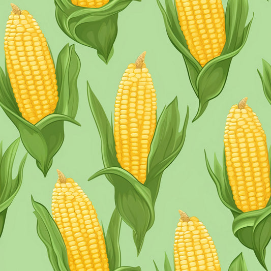 yellow corn, green husks, golden kernels, corn cobs, vegetable pattern, harvest theme, farm produce, botanical design, green leaves, repeating pattern, quilting cotton, fabric panel, agricultural motif, food illustration, summer crops, cornfield design, realistic style, bright colors, garden vegetables, seamless repeat