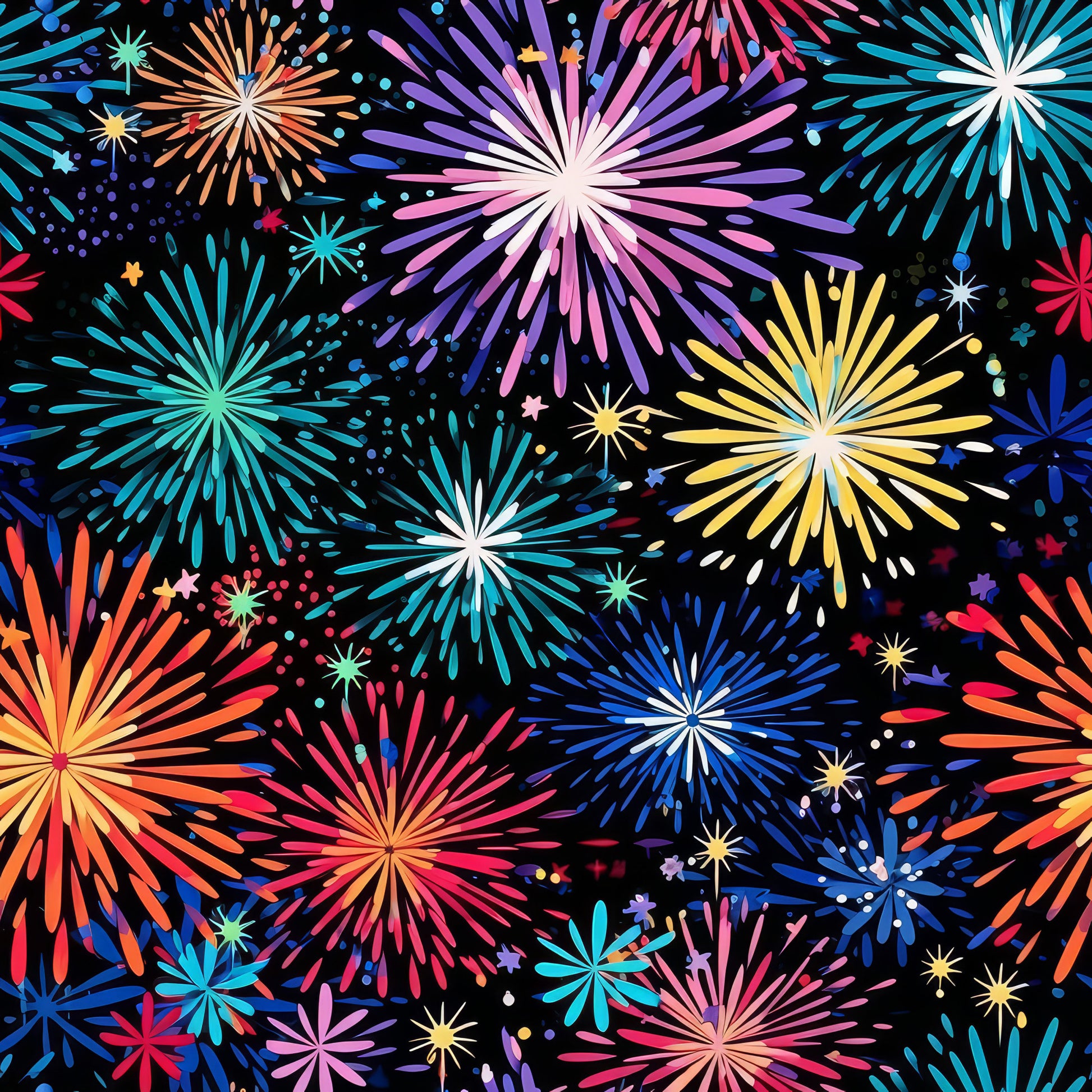 colorful fireworks, bursting fireworks, celebration pattern, festive design, multicolored bursts, rainbow colors, pink fireworks, blue fireworks, yellow fireworks, orange fireworks, purple fireworks, teal fireworks, starbursts, night sky, sparkles, confetti dots, quilting cotton, fabric panel, party theme, fourth of july, new year celebration, bright vibrant colors, radial patterns, explosive design