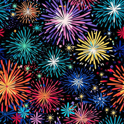 colorful fireworks, bursting fireworks, celebration pattern, festive design, multicolored bursts, rainbow colors, pink fireworks, blue fireworks, yellow fireworks, orange fireworks, purple fireworks, teal fireworks, starbursts, night sky, sparkles, confetti dots, quilting cotton, fabric panel, party theme, fourth of july, new year celebration, bright vibrant colors, radial patterns, explosive design