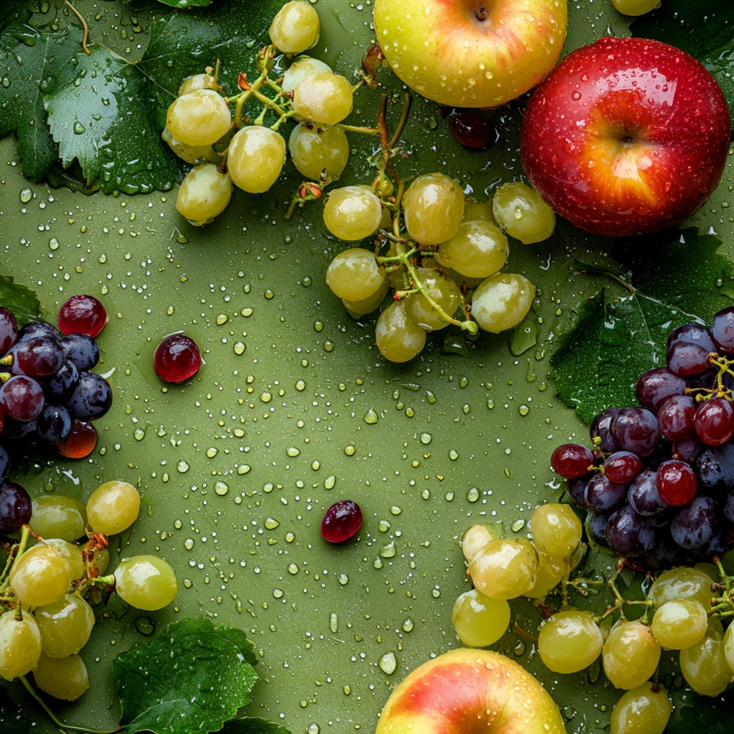 fresh fruits, green grapes, red apples, purple grapes, water droplets, realistic photography, vibrant colors, quilting cotton, fabric panel, green leaves, wet surface, harvest theme, botanical design, fruit clusters, red burgundy, golden yellow, emerald green, nature pattern, food motif, autumn fruits