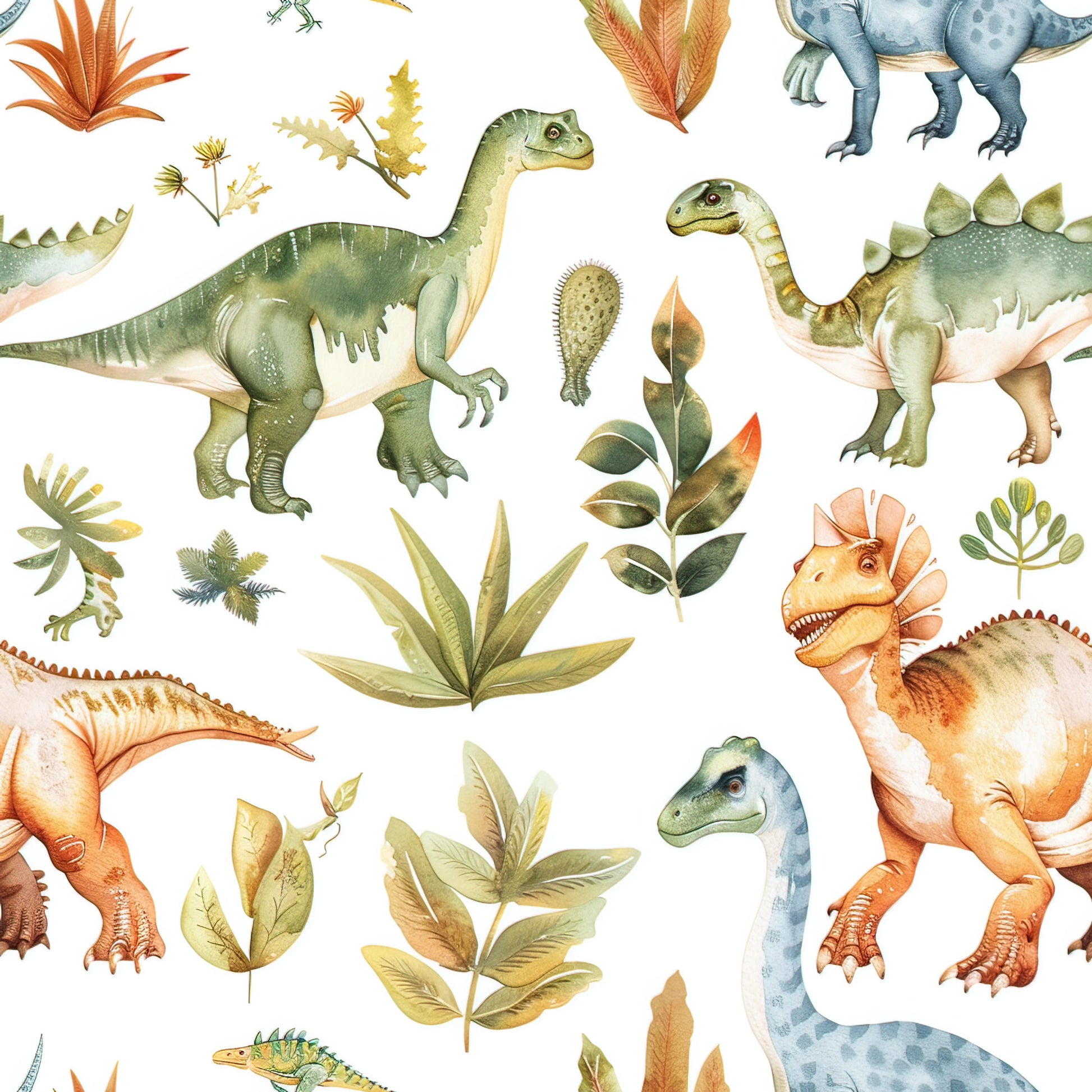watercolor dinosaurs, prehistoric creatures, green dinosaurs, orange dinosaurs, blue dinosaurs, tropical plants, ferns, leaves, botanical elements, quilting cotton, fabric panel, children's fabric, nursery fabric, educational print, nature theme, paleontology, jurassic pattern, soft pastels, whimsical illustration, reptile designs