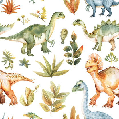watercolor dinosaurs, prehistoric creatures, green dinosaurs, orange dinosaurs, blue dinosaurs, tropical plants, ferns, leaves, botanical elements, quilting cotton, fabric panel, children's fabric, nursery fabric, educational print, nature theme, paleontology, jurassic pattern, soft pastels, whimsical illustration, reptile designs