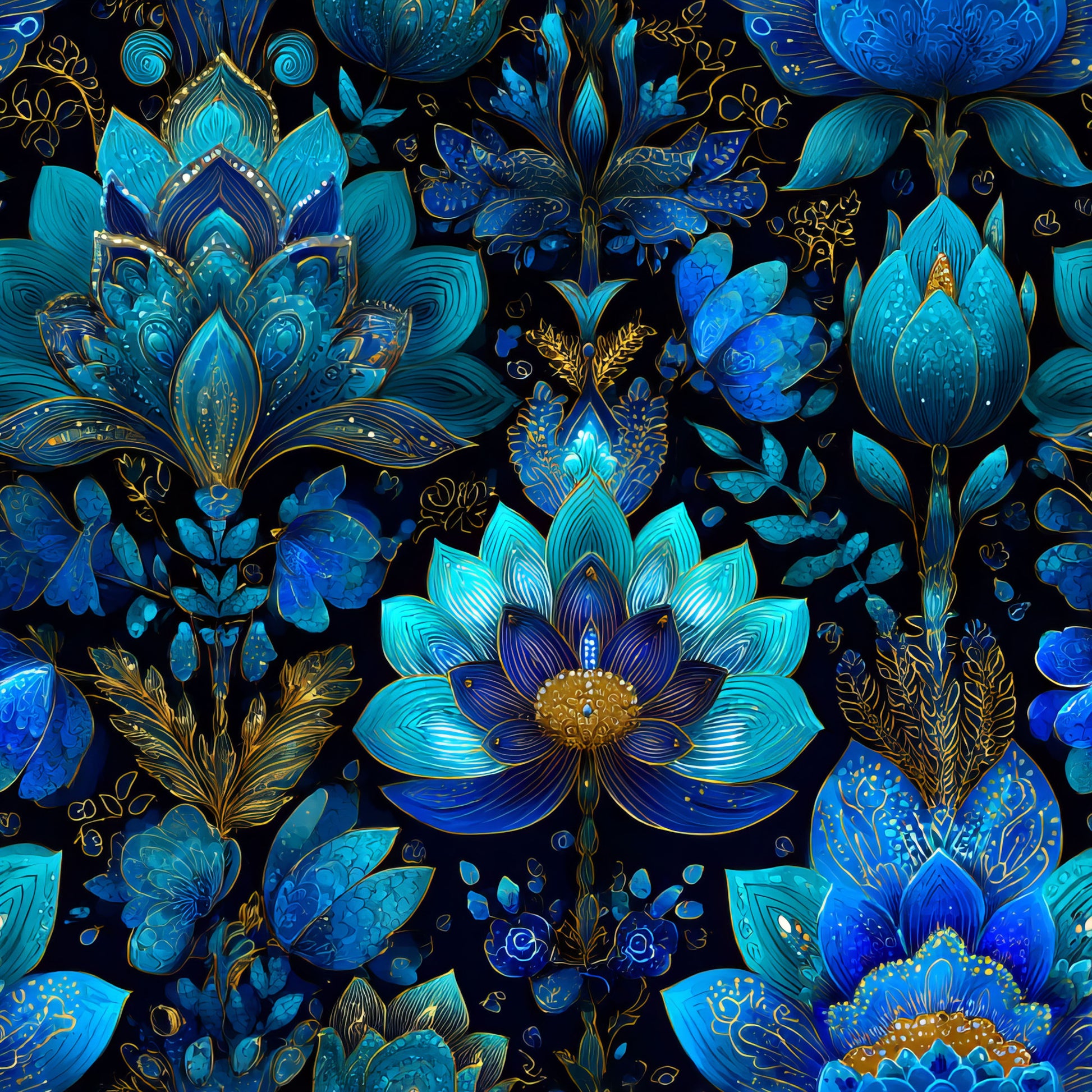 blue, teal, turquoise, navy, gold accents, ornamental flowers, lotus blossoms, decorative petals, intricate details, floral motifs, botanical design, elegant pattern, luxurious style, quilting cotton, fabric panel, seamless repeat, jewel tones, ornate centers, layered petals, sophisticated artwork