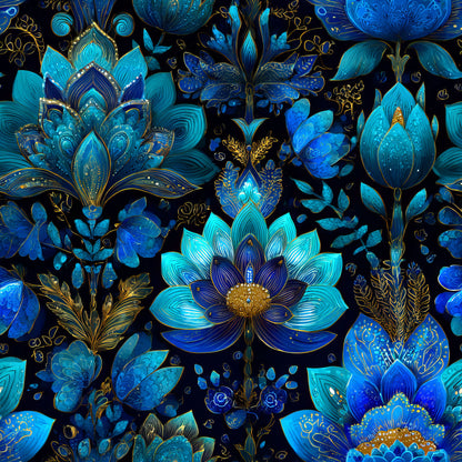 blue, teal, turquoise, navy, gold accents, ornamental flowers, lotus blossoms, decorative petals, intricate details, floral motifs, botanical design, elegant pattern, luxurious style, quilting cotton, fabric panel, seamless repeat, jewel tones, ornate centers, layered petals, sophisticated artwork