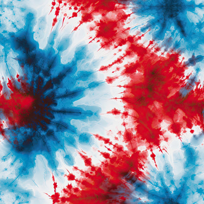 red, white, blue, tie-dye, patriotic, abstract, watercolor effect, cotton fabric, quilting panel, splatter pattern, burst design, radiating lines, americana theme, fourth of july, starburst motif, blended colors, fabric panel, cotton material, dye technique, explosive pattern
