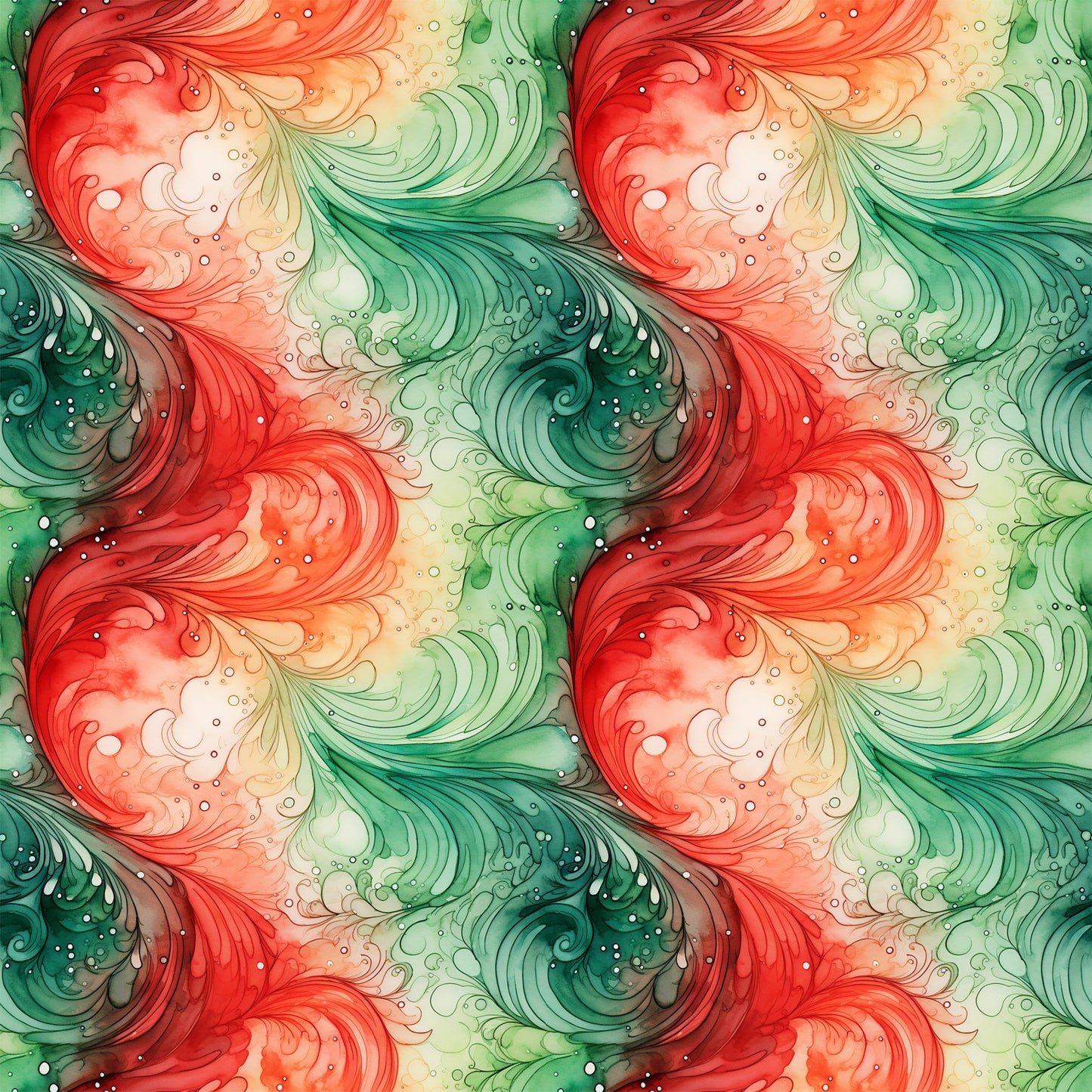 watercolor, christmas swirls, red swirls, green swirls, coral pink, emerald green, flowing patterns, abstract swirls, festive colors, holiday theme, quilting cotton, fabric panel, watercolor style, decorative swirls, seasonal fabric, christmas crafting, swirling motifs, holiday quilting, artistic pattern