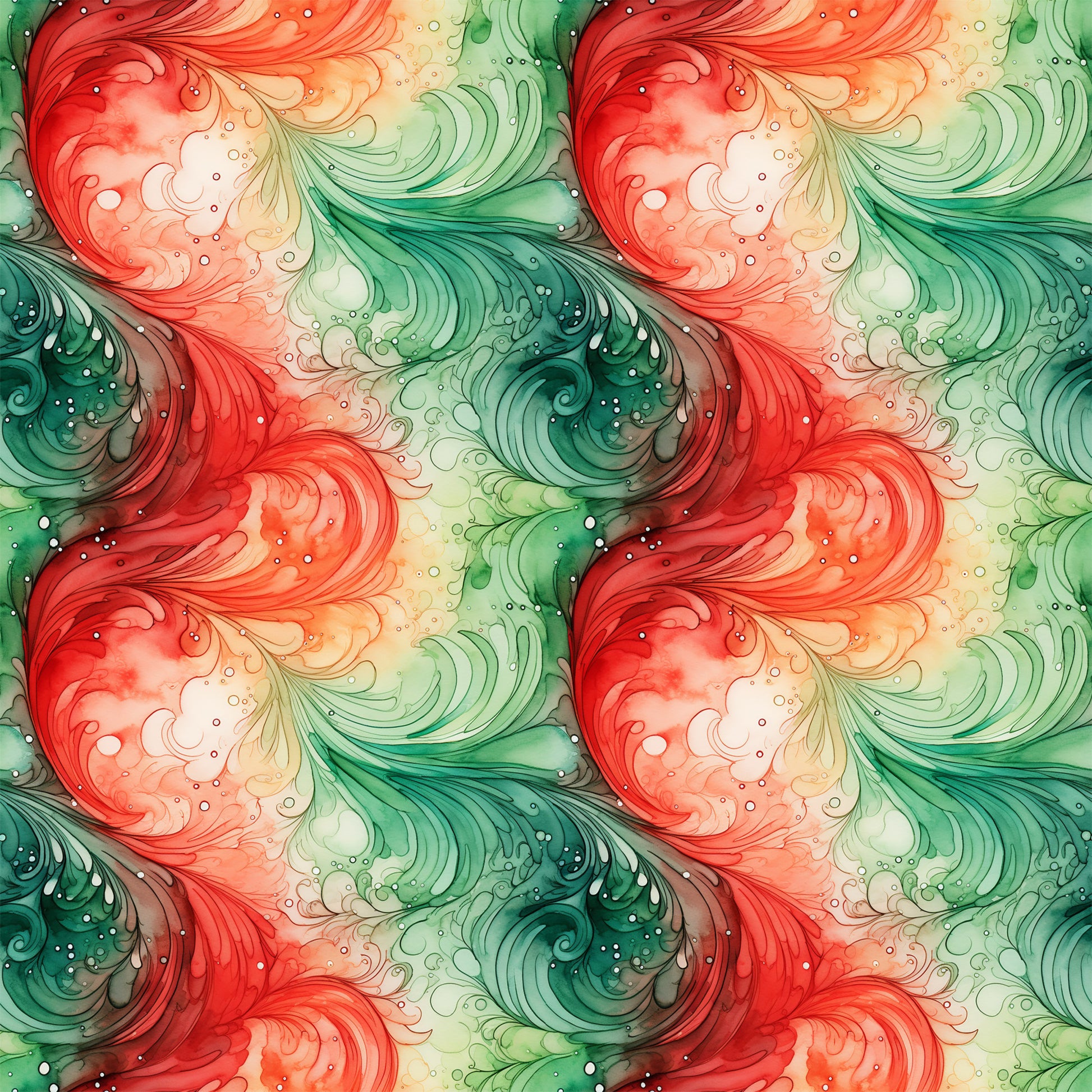 watercolor, christmas swirls, red swirls, green swirls, coral pink, emerald green, flowing patterns, abstract swirls, festive colors, holiday theme, quilting cotton, fabric panel, watercolor style, decorative swirls, seasonal fabric, christmas crafting, swirling motifs, holiday quilting, artistic pattern