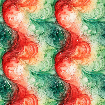 watercolor, christmas swirls, red swirls, green swirls, coral pink, emerald green, flowing patterns, abstract swirls, festive colors, holiday theme, quilting cotton, fabric panel, watercolor style, decorative swirls, seasonal fabric, christmas crafting, swirling motifs, holiday quilting, artistic pattern