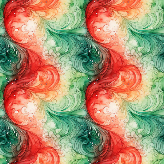 watercolor, christmas swirls, red swirls, green swirls, coral pink, emerald green, flowing patterns, abstract swirls, festive colors, holiday theme, quilting cotton, fabric panel, watercolor style, decorative swirls, seasonal fabric, christmas crafting, swirling motifs, holiday quilting, artistic pattern