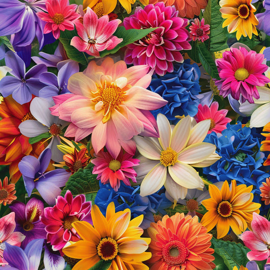 vibrant flowers, realistic blooms, floral pattern, dahlias, cosmos, gerbera daisies, purple petals, pink flowers, orange blossoms, blue hydrangeas, yellow centers, magenta blooms, coral petals, botanical design, dense arrangement, quilting cotton, fabric panel, bright colors, garden flowers, photorealistic style