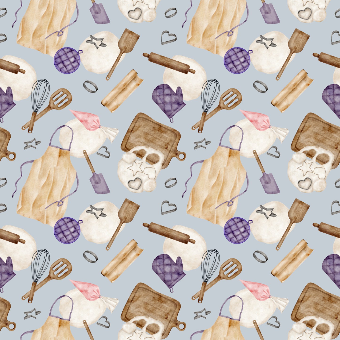 watercolor, baking pattern, quilting cotton, fabric panel, kitchen utensils, rolling pins, whisks, oven mitts, cookie cutters, aprons, baking sheets, purple accents, lavender, cream, brown, beige, pink, gray background, cooking theme, culinary motifs, repeating pattern, craft fabric, sewing material
