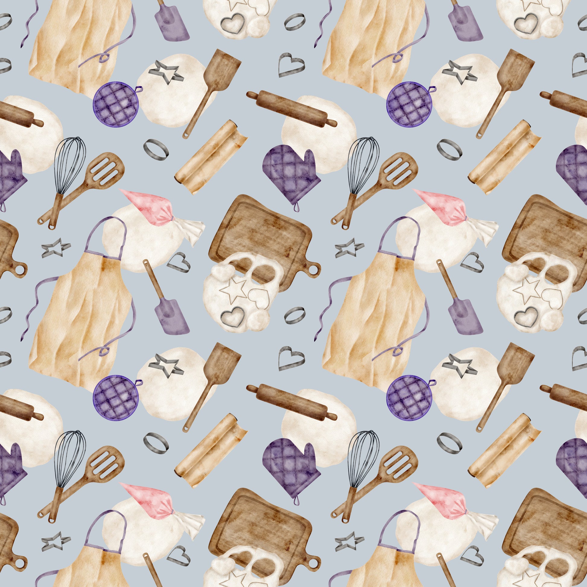 watercolor, baking pattern, quilting cotton, fabric panel, kitchen utensils, rolling pins, whisks, oven mitts, cookie cutters, aprons, baking sheets, purple accents, lavender, cream, brown, beige, pink, gray background, cooking theme, culinary motifs, repeating pattern, craft fabric, sewing material