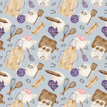 watercolor, baking pattern, quilting cotton, fabric panel, kitchen utensils, rolling pins, whisks, oven mitts, cookie cutters, aprons, baking sheets, purple accents, lavender, cream, brown, beige, pink, gray background, cooking theme, culinary motifs, repeating pattern, craft fabric, sewing material