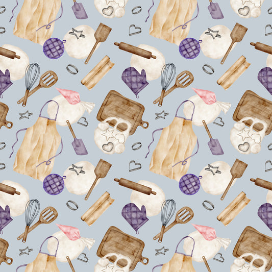 watercolor, baking pattern, quilting cotton, fabric panel, kitchen utensils, rolling pins, whisks, oven mitts, cookie cutters, aprons, baking sheets, purple accents, lavender, cream, brown, beige, pink, gray background, cooking theme, culinary motifs, repeating pattern, craft fabric, sewing material
