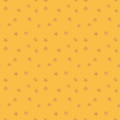 golden yellow, mustard background, glitter stars, metallic stars, star pattern, scattered stars, geometric design, repeating pattern, quilting cotton, fabric panel, celebration theme, sparkly texture, festive pattern, constellation motif, celestial design, crafting fabric, sewing material