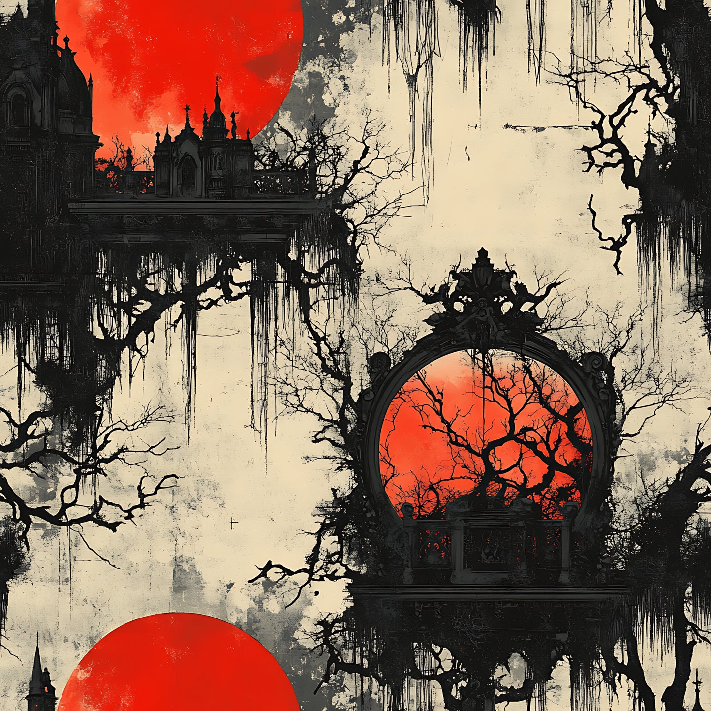 blood moon, gothic architecture, bare trees, ornate mirror, red orange, cream beige, black silhouettes, spooky atmosphere, haunted mansion, dripping effects, weathered texture, horror themed, halloween fabric, quilting cotton, fabric panel, eerie mood, vintage gothic, decrepit building, twisted branches, supernatural scene