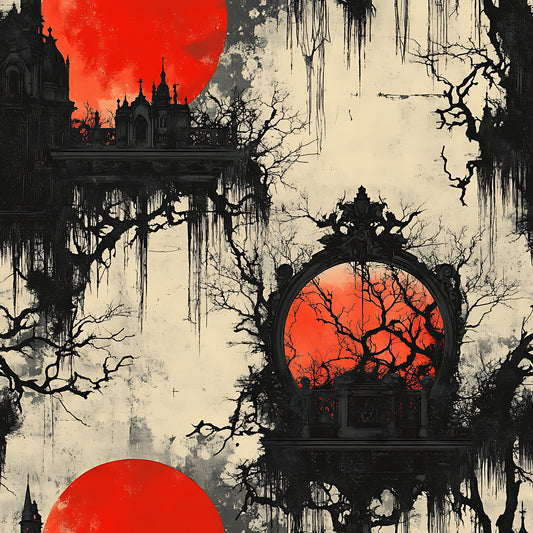 blood moon, gothic architecture, bare trees, ornate mirror, red orange, cream beige, black silhouettes, spooky atmosphere, haunted mansion, dripping effects, weathered texture, horror themed, halloween fabric, quilting cotton, fabric panel, eerie mood, vintage gothic, decrepit building, twisted branches, supernatural scene