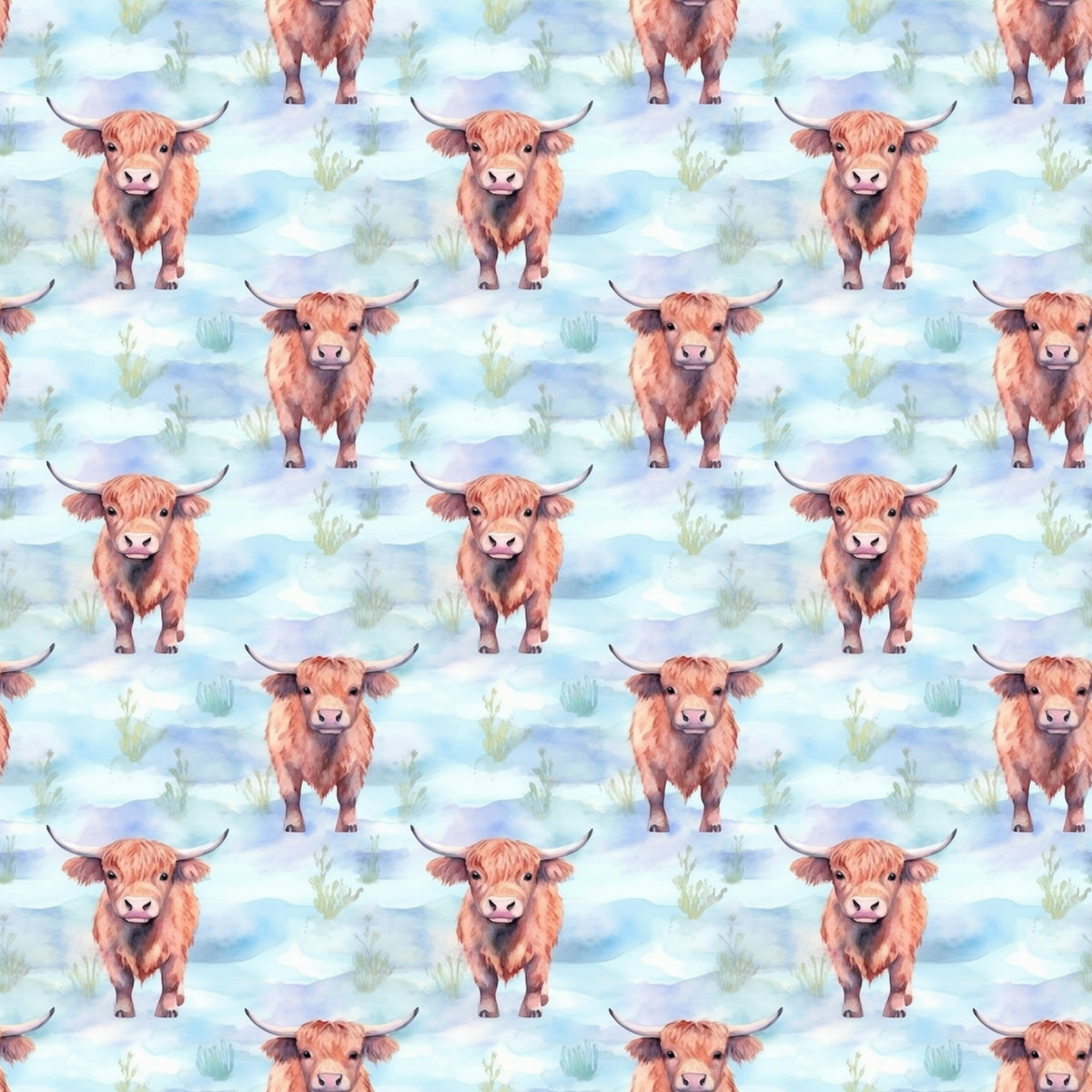 highland cows, orange fur, rusty brown, sky blue, watercolor style, repeating pattern, cattle, horns, pastoral scene, grass tufts, cloudy background, farm animals, countryside, quilting cotton, fabric panel, whimsical art, scottish cattle, bovine, soft colors, nature pattern
