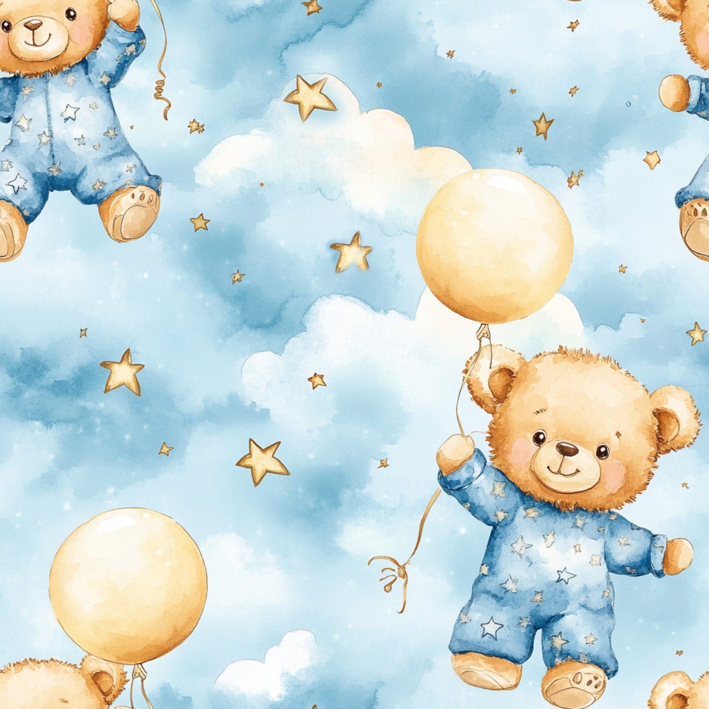 blue, teddy bears, baby boy, nursery theme, watercolor style, clouds, stars, balloons, pajamas, sleepwear, cotton fabric, quilting panel, soft pastels, whimsical, children's fabric, golden yellow, cream white, dreamy sky, floating bears, sweet imagery
