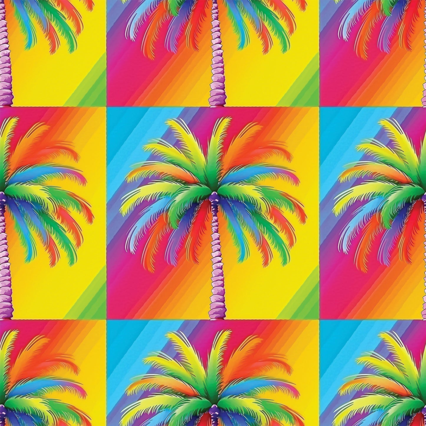 vibrant colors, rainbow palm trees, tropical pattern, neon bright, electric colors, pop art style, psychedelic design, gradient backgrounds, quilting cotton, fabric panel, summer tropical, retro vibes, colorful fronds, geometric blocks, repetitive motif, fluorescent hues, paradise theme, contemporary art, crafting material
