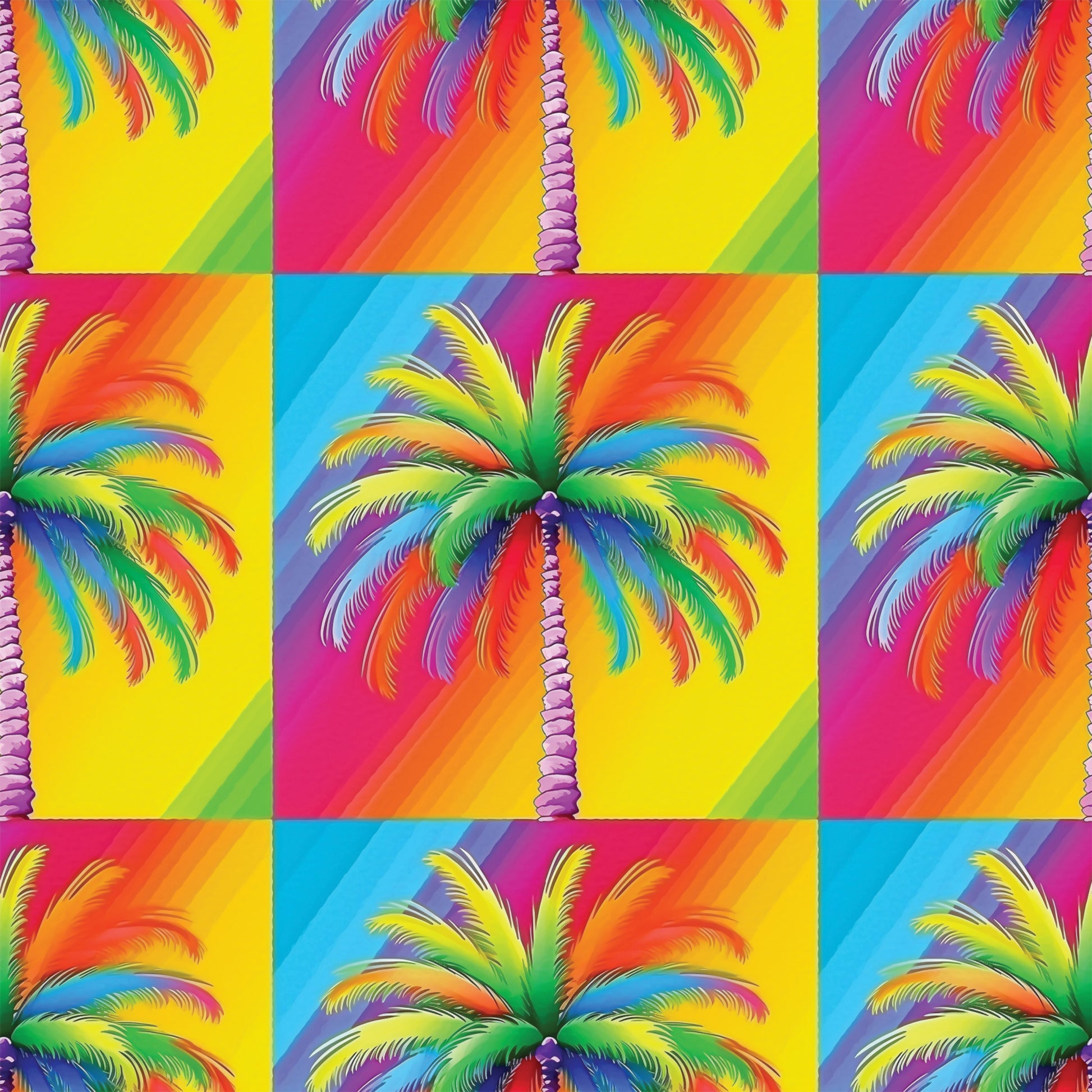 vibrant colors, rainbow palm trees, tropical pattern, neon bright, electric colors, pop art style, psychedelic design, gradient backgrounds, quilting cotton, fabric panel, summer tropical, retro vibes, colorful fronds, geometric blocks, repetitive motif, fluorescent hues, paradise theme, contemporary art, crafting material