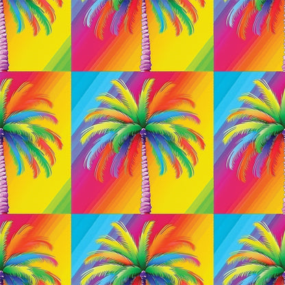 vibrant colors, rainbow palm trees, tropical pattern, neon bright, electric colors, pop art style, psychedelic design, gradient backgrounds, quilting cotton, fabric panel, summer tropical, retro vibes, colorful fronds, geometric blocks, repetitive motif, fluorescent hues, paradise theme, contemporary art, crafting material