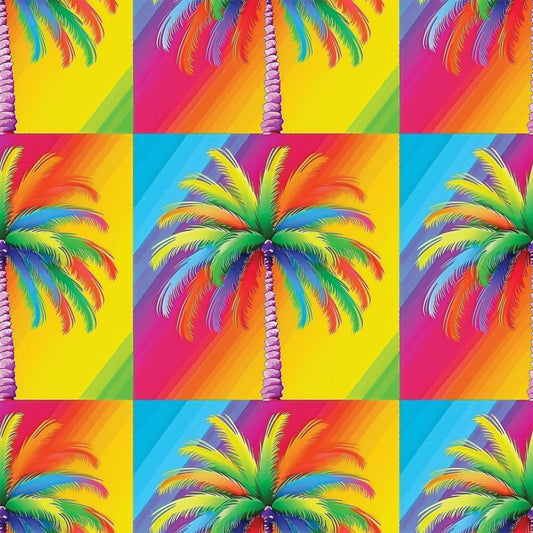 vibrant colors, rainbow palm trees, tropical pattern, neon bright, electric colors, pop art style, psychedelic design, gradient backgrounds, quilting cotton, fabric panel, summer tropical, retro vibes, colorful fronds, geometric blocks, repetitive motif, fluorescent hues, paradise theme, contemporary art, crafting material