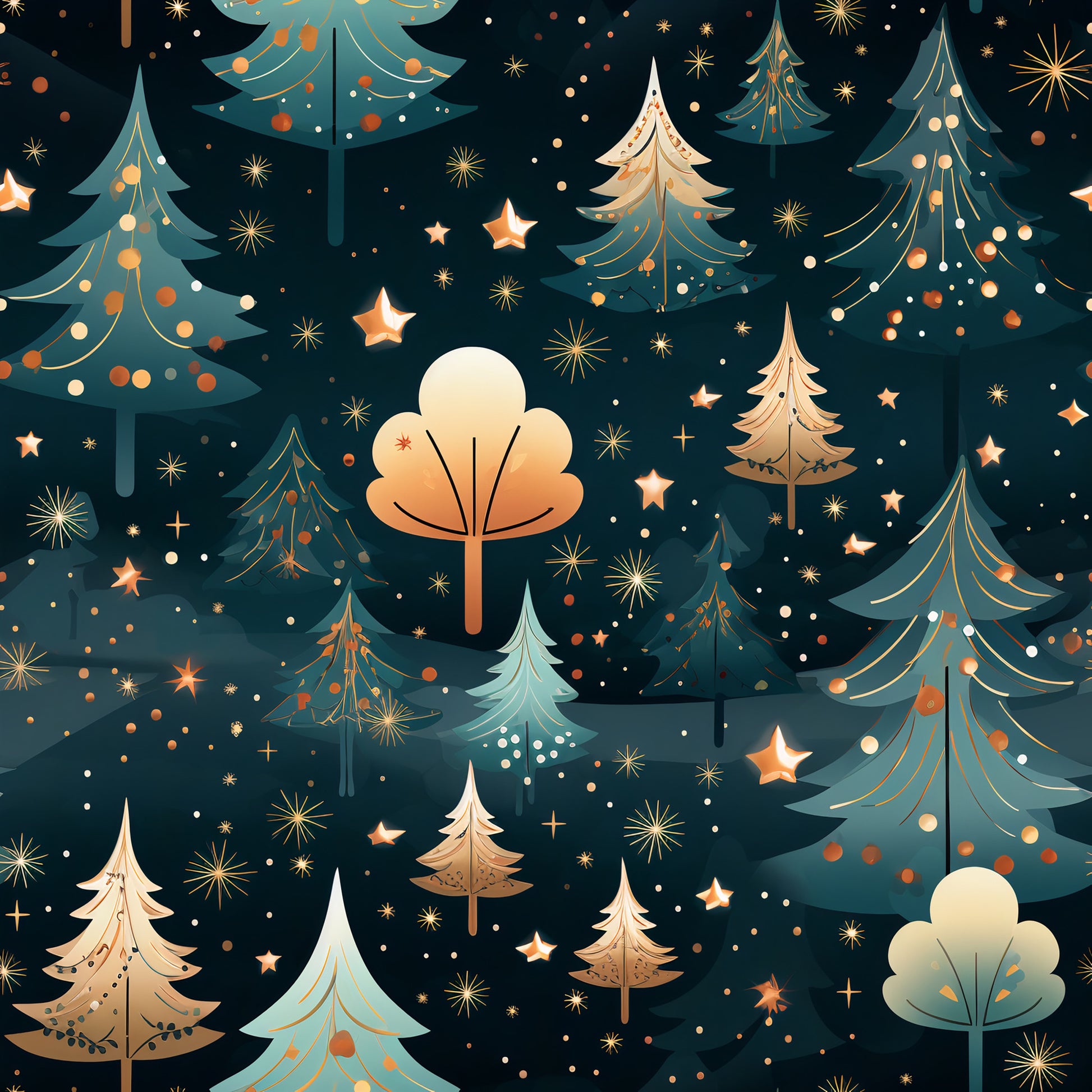 christmas trees, winter forest, dark navy background, teal green, golden yellow, cream white, copper orange, starbursts, geometric patterns, quilting cotton, fabric panel, holiday themed, evergreen trees, celestial stars, modern illustration, festive design, winter wonderland, decorative ornaments, scattered dots, stylized trees