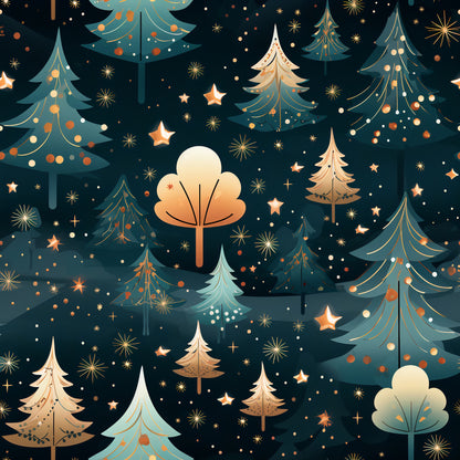 christmas trees, winter forest, dark navy background, teal green, golden yellow, cream white, copper orange, starbursts, geometric patterns, quilting cotton, fabric panel, holiday themed, evergreen trees, celestial stars, modern illustration, festive design, winter wonderland, decorative ornaments, scattered dots, stylized trees