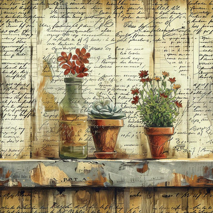 terracotta, sage green, burnt orange, cream, vintage botanicals, potted plants, geraniums, wildflowers, clay pots, glass jars, wooden shelf, handwritten script, watercolor style, rustic farmhouse, garden theme, quilting cotton, fabric panel, earthy tones, botanical illustration, country living