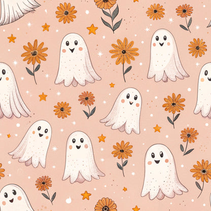 peach background, white ghosts, orange flowers, cute ghosts, daisy flowers, star shapes, retro style, whimsical design, halloween theme, quilting cotton, fabric panel, kawaii ghosts, botanical elements, autumn colors, scattered pattern, friendly ghosts, floral motifs, spooky cute, coral pink, vintage inspired