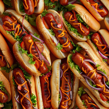 hot dogs, grilled sausages, food pattern, orange cheese, green lettuce, purple onions, golden buns, realistic food, junk food, fast food, barbecue theme, appetizing design, quilting cotton, fabric panel, summer picnic, grill marks, condiments, sandwich pattern, food illustration, savory treats