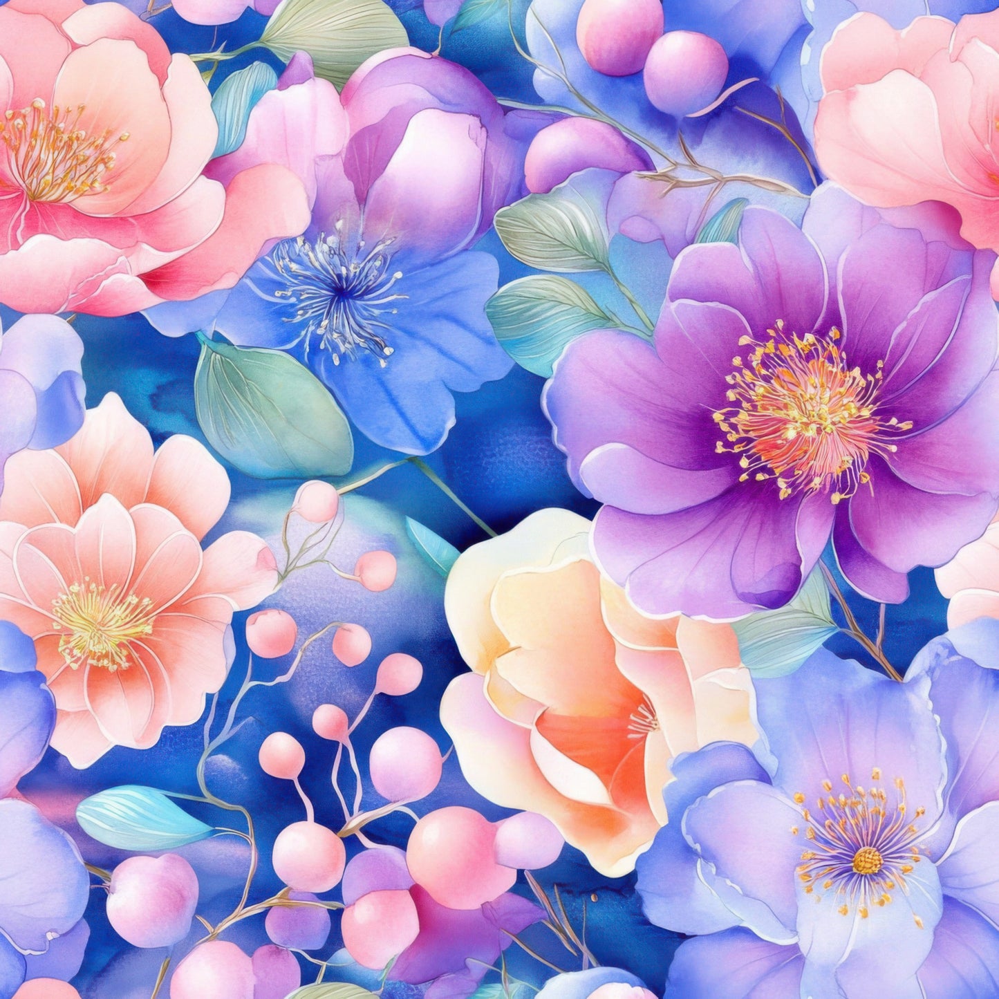 watercolor florals, purple flowers, pink blossoms, blue blooms, coral petals, lavender hues, peach tones, botanical design, large scale flowers, delicate berries, flowing leaves, soft pastels, dreamy aesthetic, spring garden, quilting cotton, fabric panel, seamless pattern, romantic florals, ethereal style, artistic blooms