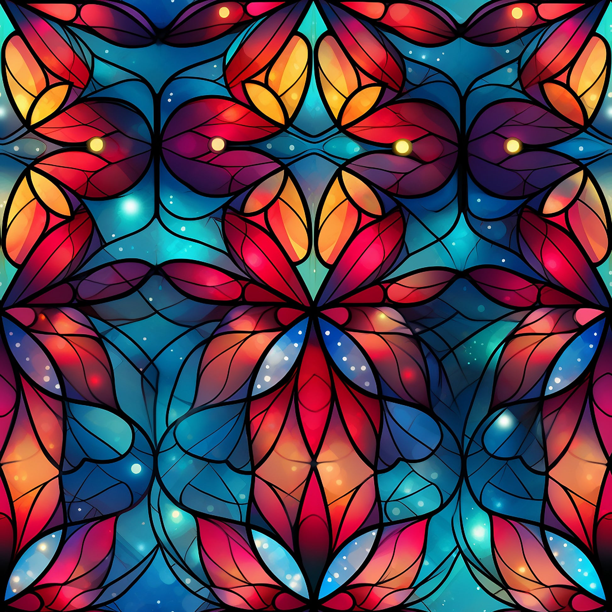 stained glass, christmas pattern, quilting cotton, fabric panel, floral motifs, geometric design, vibrant colors, red, blue, turquoise, purple, orange, yellow, magenta, leadlight effect, kaleidoscope pattern, holiday fabric, decorative panels, cathedral glass, mosaic style, festive colors