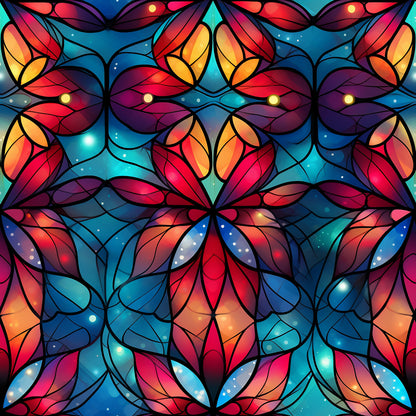 stained glass, christmas pattern, quilting cotton, fabric panel, floral motifs, geometric design, vibrant colors, red, blue, turquoise, purple, orange, yellow, magenta, leadlight effect, kaleidoscope pattern, holiday fabric, decorative panels, cathedral glass, mosaic style, festive colors