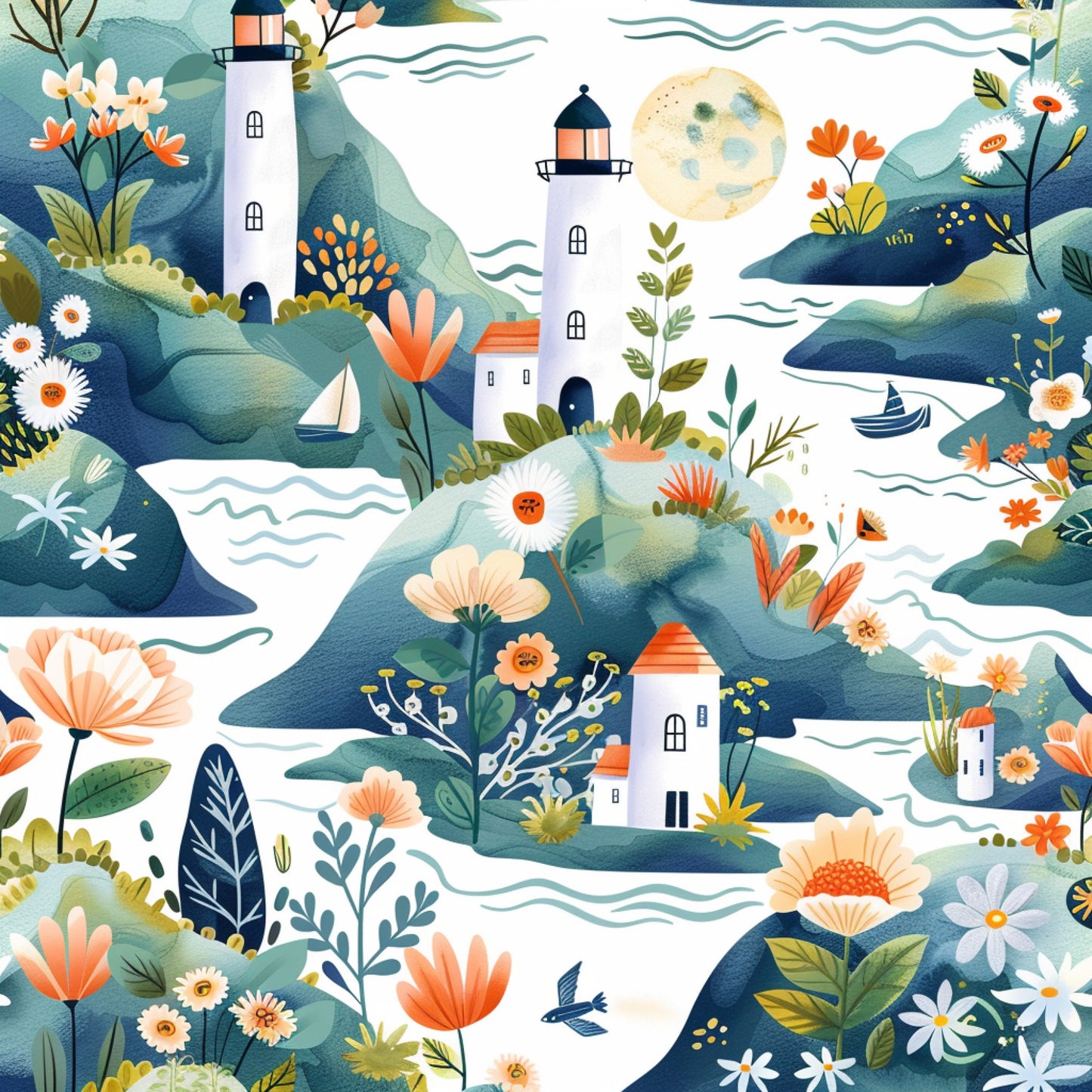 Springtime Lighthouse Scene Pattern 3 Quilting Cotton Fabric