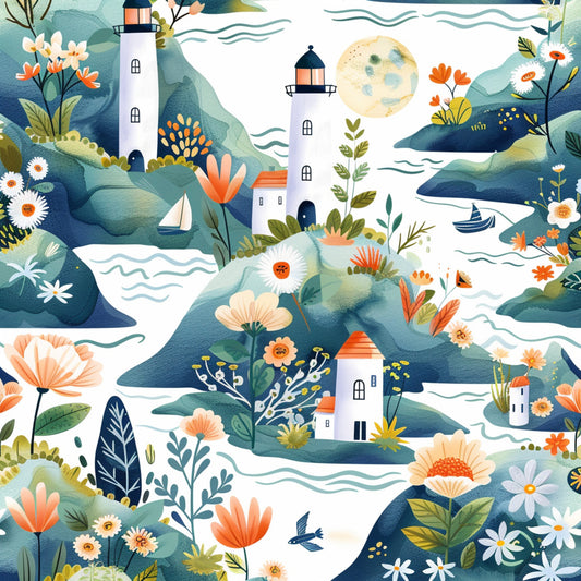 lighthouse pattern, springtime scene, quilting cotton, fabric panel, coastal theme, nautical design, floral motifs, ocean waves, sailboats, rolling hills, white lighthouse, orange flowers, coral blooms, teal blue, sage green, cream background, whimsical illustration, nature scene, maritime elements, cottage style