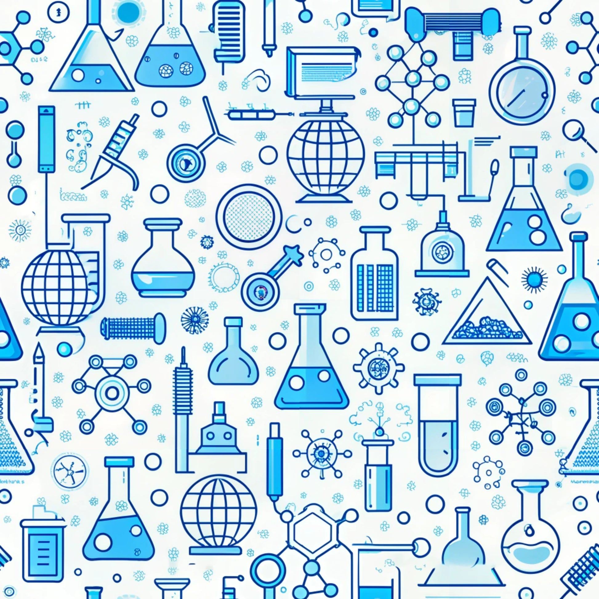 blue, white, science themed, laboratory equipment, beakers, flasks, test tubes, molecular structures, microscope, chemistry patterns, educational motifs, back to school, quilting cotton, fabric panel, seamless repeat, scientific illustrations, geometric circles, technical drawings, academic theme, monochromatic blue