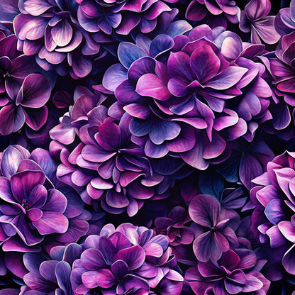 purple flowers, magenta petals, deep violet, lavender shades, realistic floral, layered petals, botanical pattern, quilting cotton, fabric panel, dimensional blooms, rich purples, flower clusters, natural texture, vibrant magenta, soft gradients, floral arrangement, cotton fabric, detailed petals, purple tones, blooming flowers